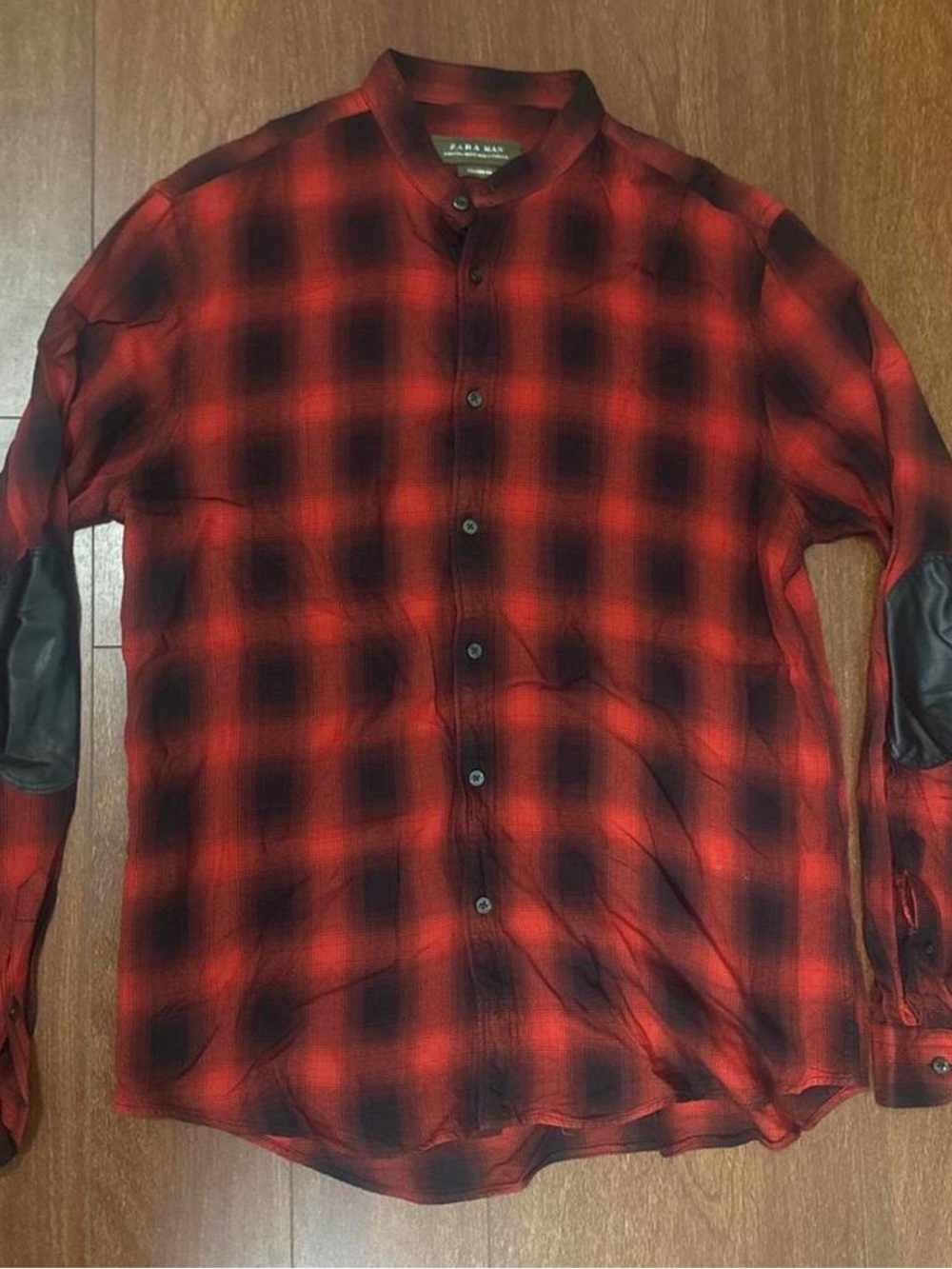 Zara Red and Black Plaid Button-Down Shirt with Elbow Patches